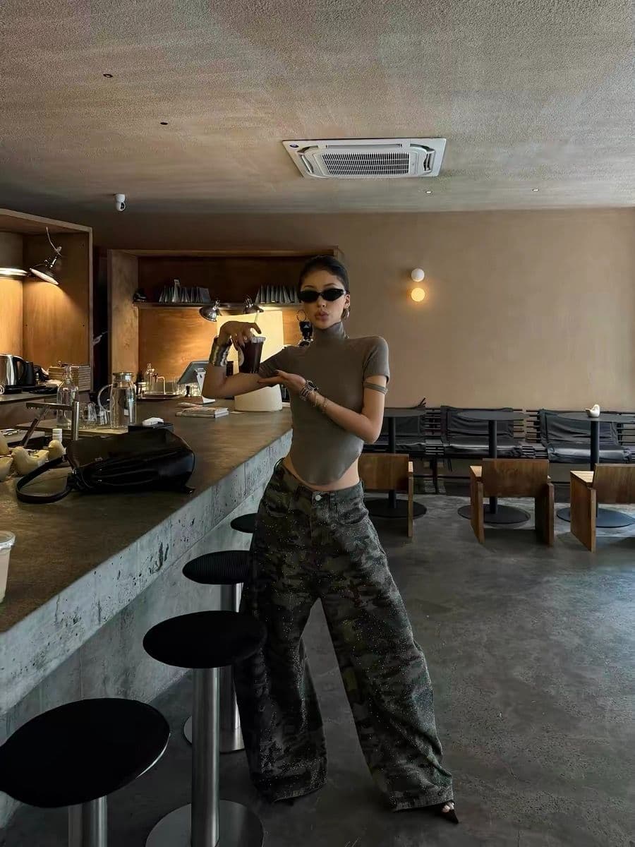 카모플라주 핫픽스 넓은 다리 워크웨어 팬츠 여성 새로운 거리 핫걸 느긋한 루즈핏 캐주얼 바지 상세 이미지 5