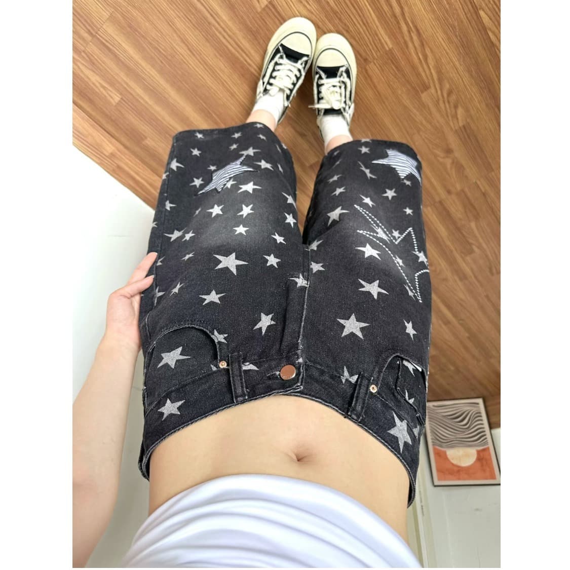 레트로 전체 인쇄 별 패치 자수 7 점 청바지 여자 2026 여름 새로운 하이웨이스트 넓은 다리가 짧다. 바지 이미지 4