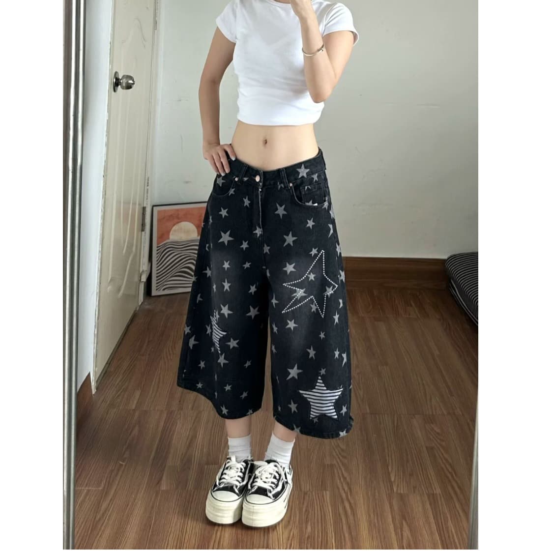 레트로 전체 인쇄 별 패치 자수 7 점 청바지 여자 2026 여름 새로운 하이웨이스트 넓은 다리가 짧다. 바지 이미지 3