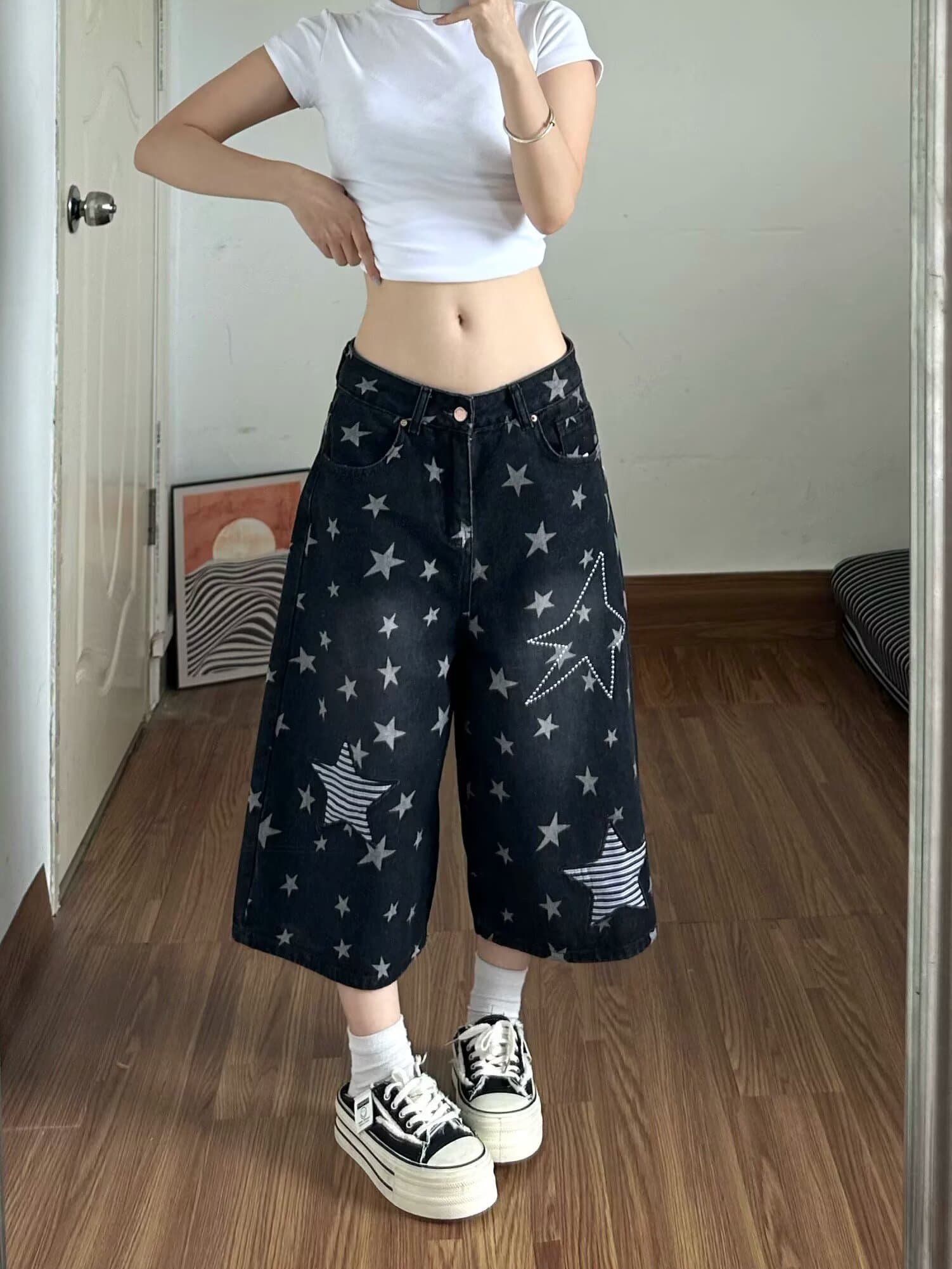 레트로 전체 인쇄 별 패치 자수 7 점 청바지 여자 2026 여름 새로운 하이웨이스트 넓은 다리가 짧다. 바지 상세 이미지 4