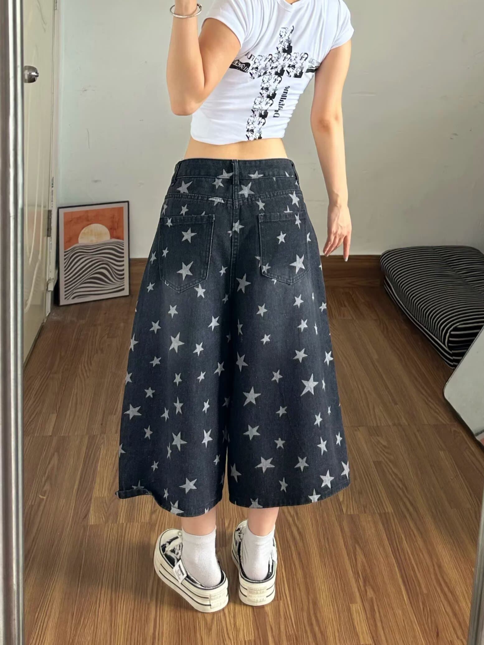 레트로 전체 인쇄 별 패치 자수 7 점 청바지 여자 2026 여름 새로운 하이웨이스트 넓은 다리가 짧다. 바지 상세 이미지 5