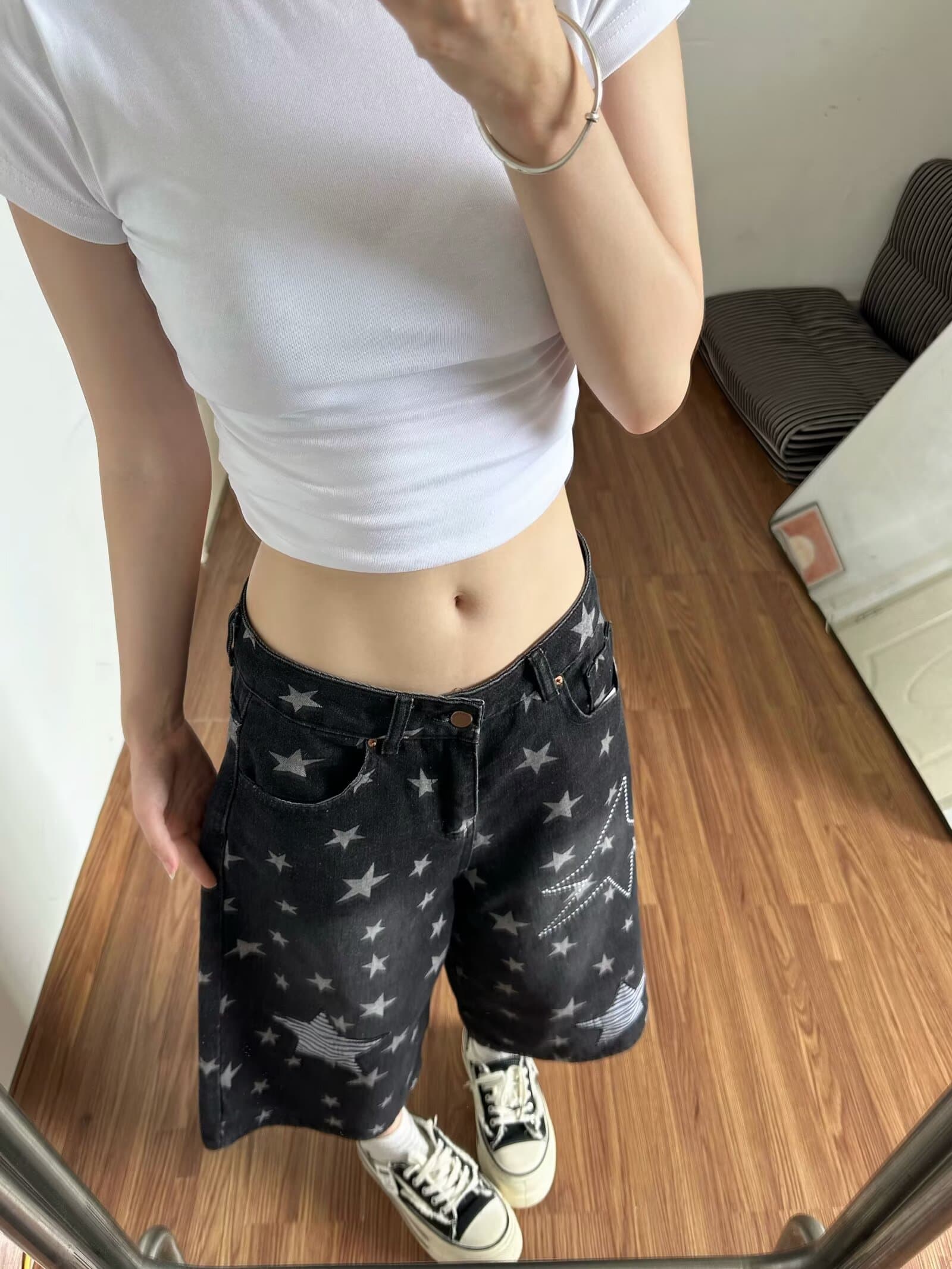 레트로 전체 인쇄 별 패치 자수 7 점 청바지 여자 2026 여름 새로운 하이웨이스트 넓은 다리가 짧다. 바지 상세 이미지 7