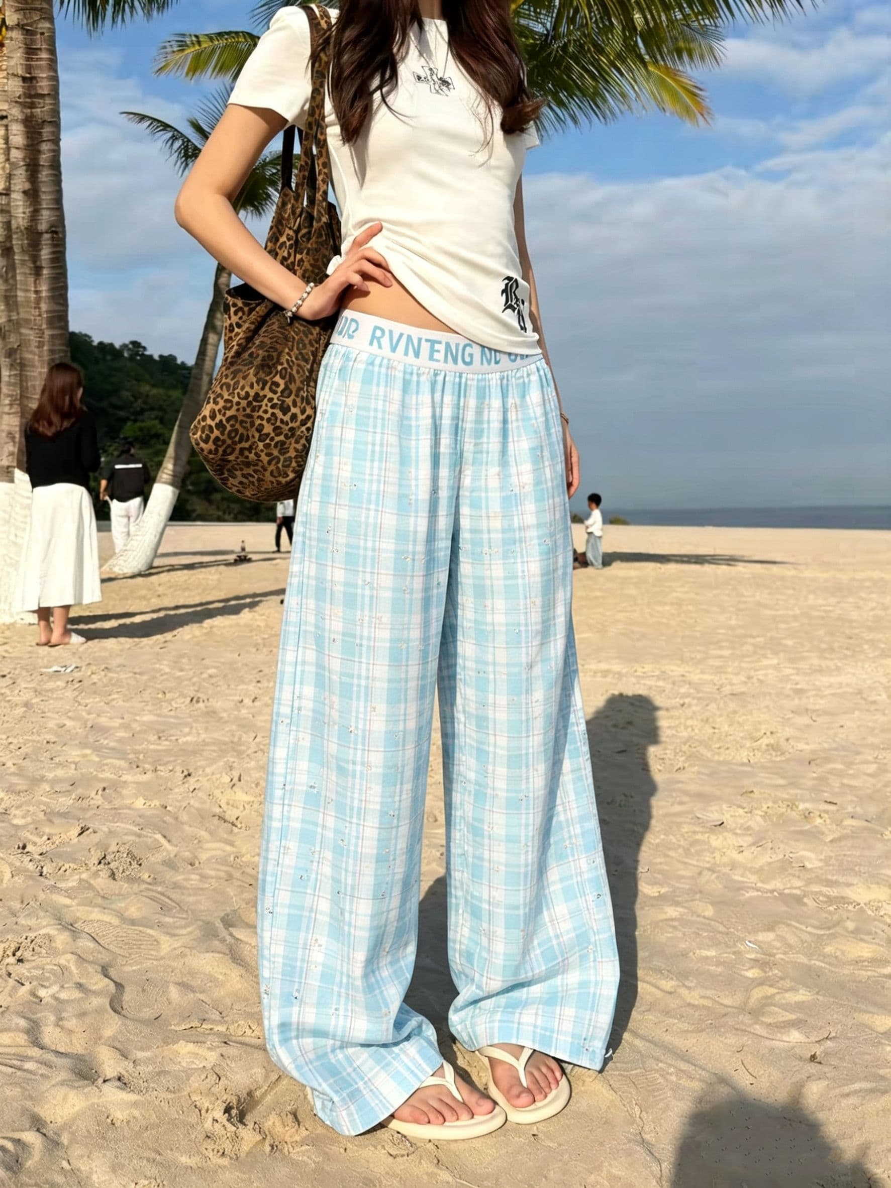 체크무늬 별 홈 캐주얼 와이드 레그 팬츠 2026 여름 미니멀리즘 체크무늬 바지 루즈핏 스트레이트 바닥 청소 바지 롱 바지 상세 이미지 3