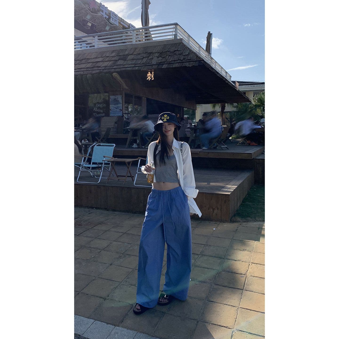 좋은 품질 항저우 목화 패브릭 있음 펌프 로프 톰 글 래 원인 블루 넓은 다리 캐주얼 바지 여성 여름 바닥 청소 바지 긴 바지 이미지 2
