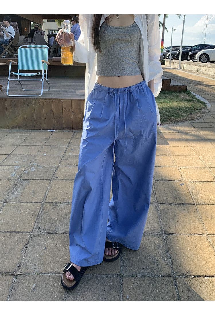 좋은 품질 항저우 목화 패브릭 있음 펌프 로프 톰 글 래 원인 블루 넓은 다리 캐주얼 바지 여성 여름 바닥 청소 바지 긴 바지 상세 이미지 4