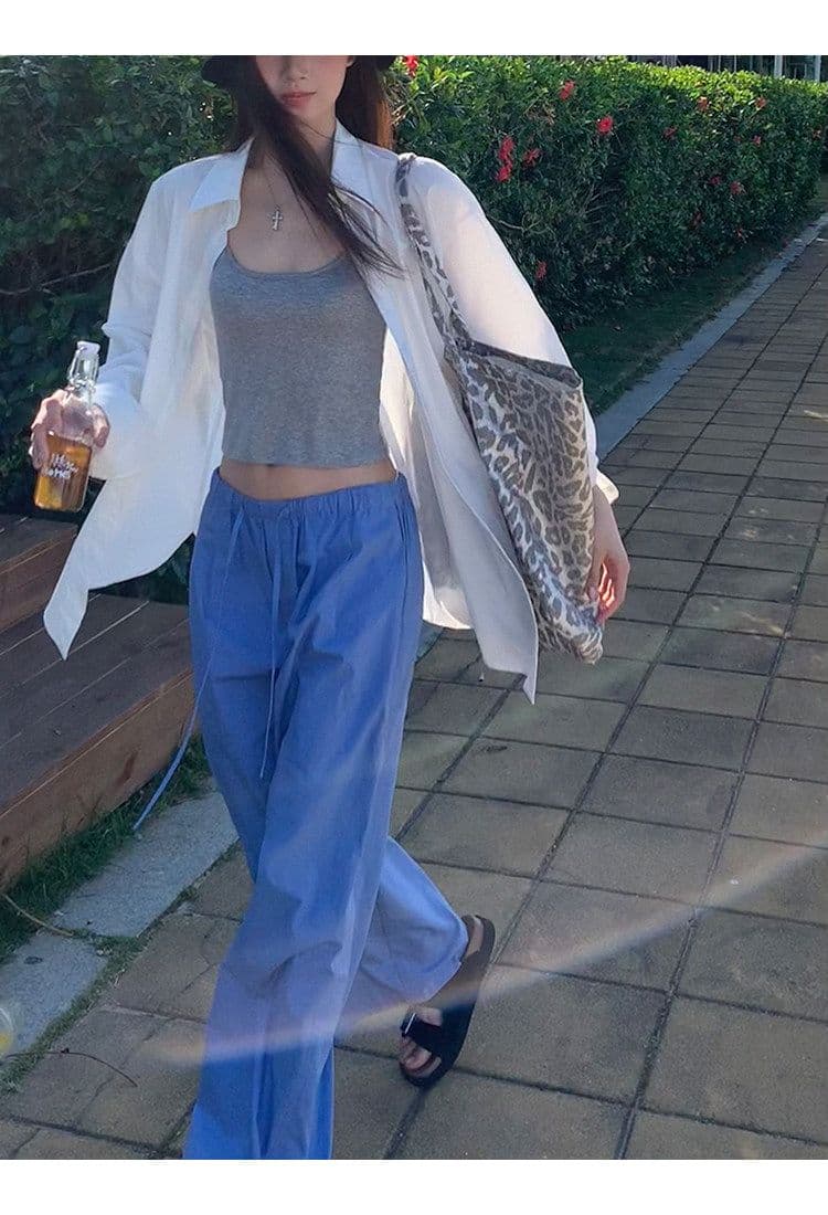 좋은 품질 항저우 목화 패브릭 있음 펌프 로프 톰 글 래 원인 블루 넓은 다리 캐주얼 바지 여성 여름 바닥 청소 바지 긴 바지 상세 이미지 10