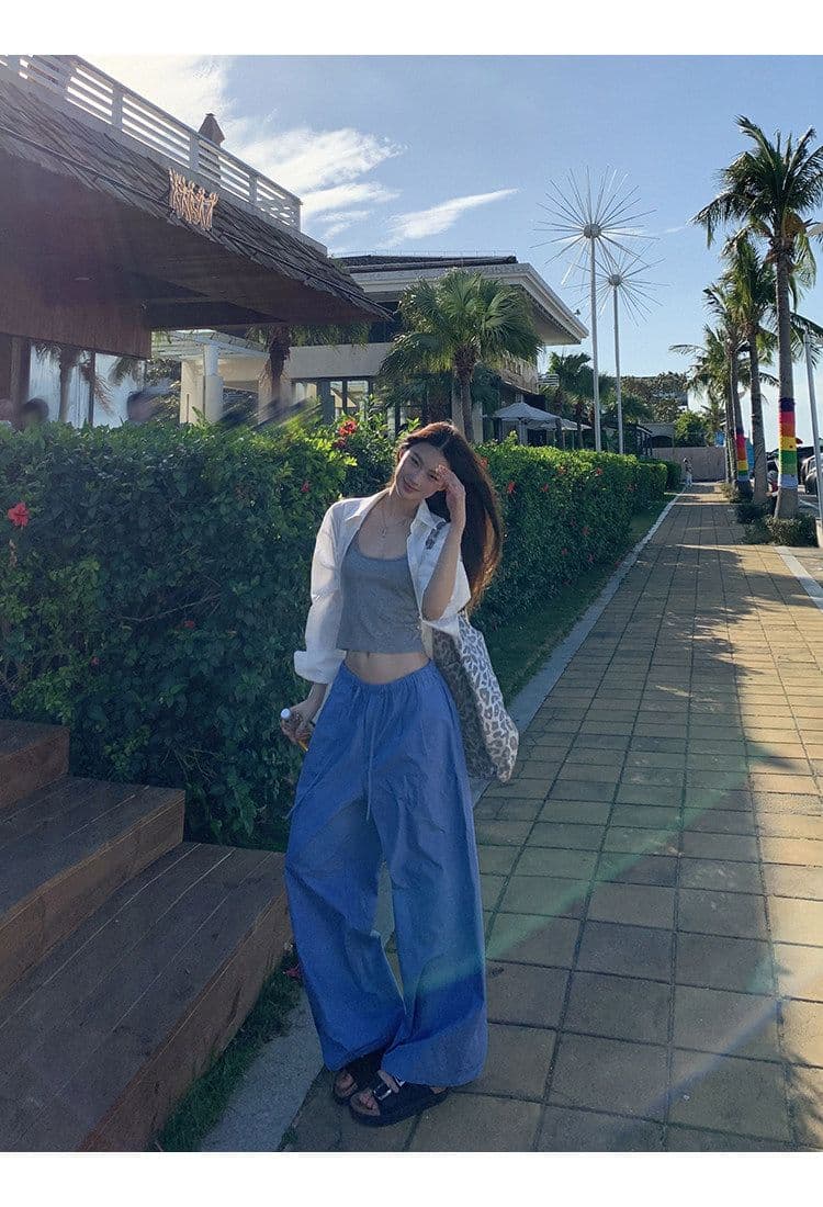 좋은 품질 항저우 목화 패브릭 있음 펌프 로프 톰 글 래 원인 블루 넓은 다리 캐주얼 바지 여성 여름 바닥 청소 바지 긴 바지 상세 이미지 11