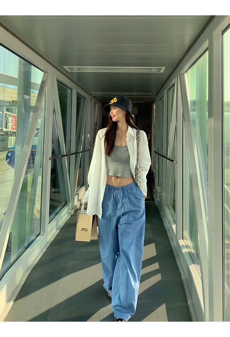 좋은 품질 항저우 목화 패브릭 있음 펌프 로프 톰 글 래 원인 블루 넓은 다리 캐주얼 바지 여성 여름 바닥 청소 바지 긴 바지 상세 이미지 13