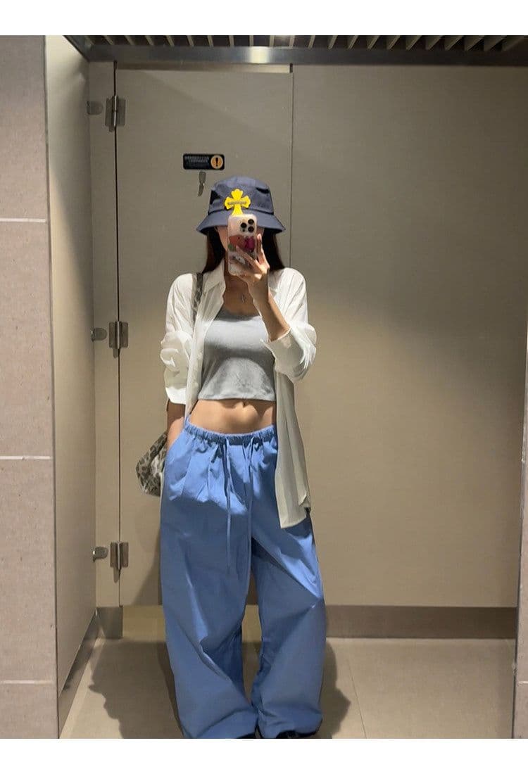 좋은 품질 항저우 목화 패브릭 있음 펌프 로프 톰 글 래 원인 블루 넓은 다리 캐주얼 바지 여성 여름 바닥 청소 바지 긴 바지 상세 이미지 15