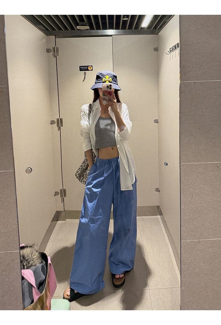 좋은 품질 항저우 목화 패브릭 있음 펌프 로프 톰 글 래 원인 블루 넓은 다리 캐주얼 바지 여성 여름 바닥 청소 바지 긴 바지 상세 이미지 16