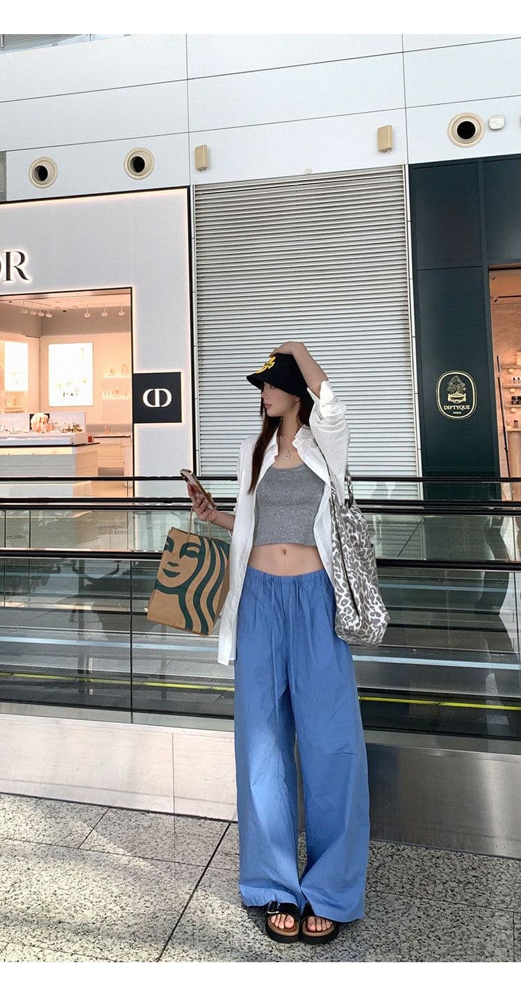 좋은 품질 항저우 목화 패브릭 있음 펌프 로프 톰 글 래 원인 블루 넓은 다리 캐주얼 바지 여성 여름 바닥 청소 바지 긴 바지 상세 이미지 18