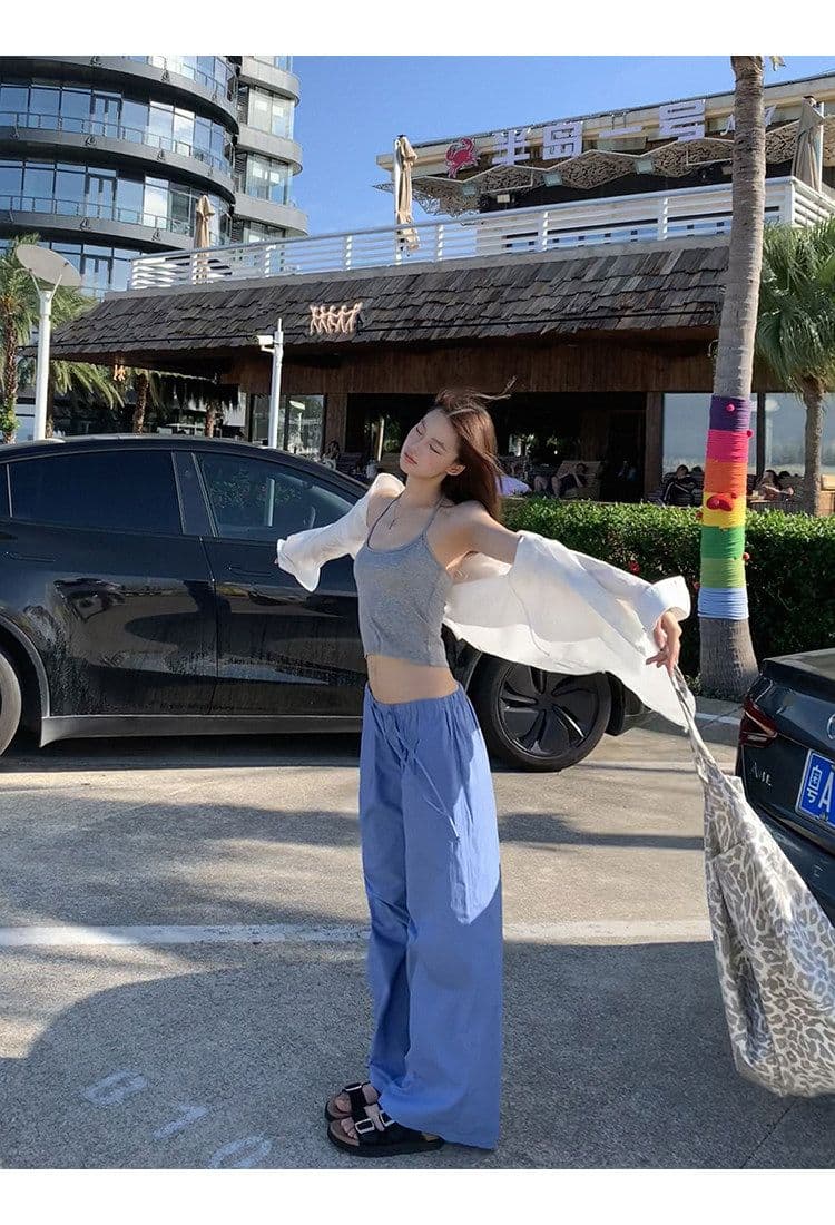 좋은 품질 항저우 목화 패브릭 있음 펌프 로프 톰 글 래 원인 블루 넓은 다리 캐주얼 바지 여성 여름 바닥 청소 바지 긴 바지 상세 이미지 20