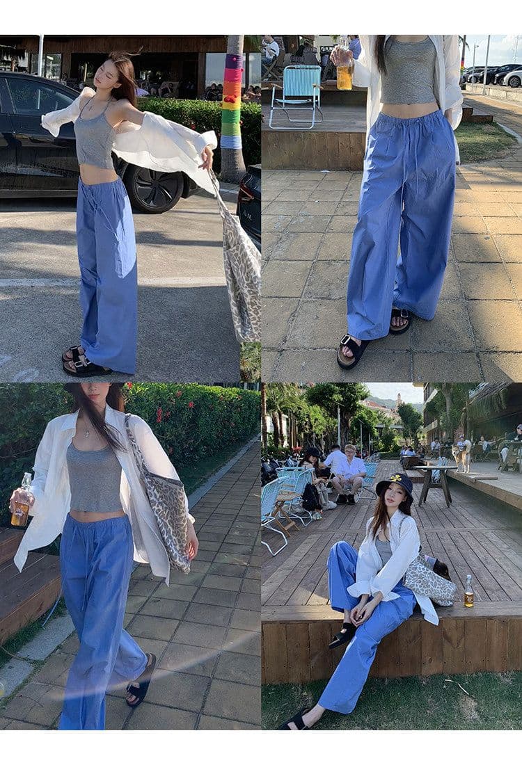 좋은 품질 항저우 목화 패브릭 있음 펌프 로프 톰 글 래 원인 블루 넓은 다리 캐주얼 바지 여성 여름 바닥 청소 바지 긴 바지 상세 이미지 21