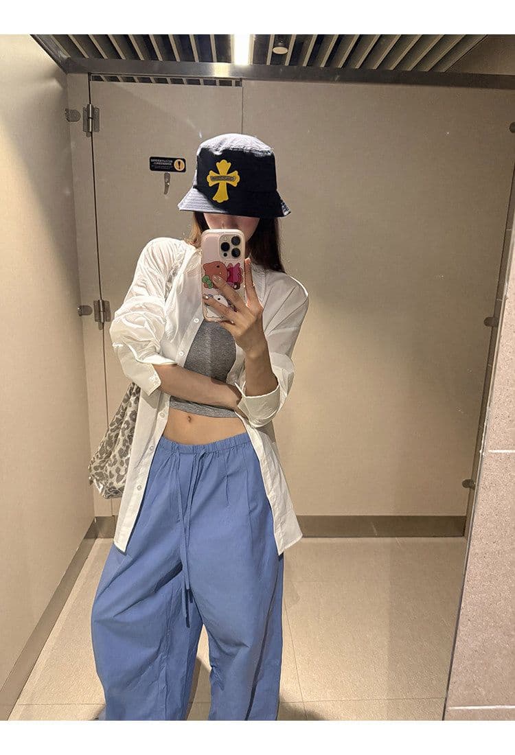 좋은 품질 항저우 목화 패브릭 있음 펌프 로프 톰 글 래 원인 블루 넓은 다리 캐주얼 바지 여성 여름 바닥 청소 바지 긴 바지 상세 이미지 24