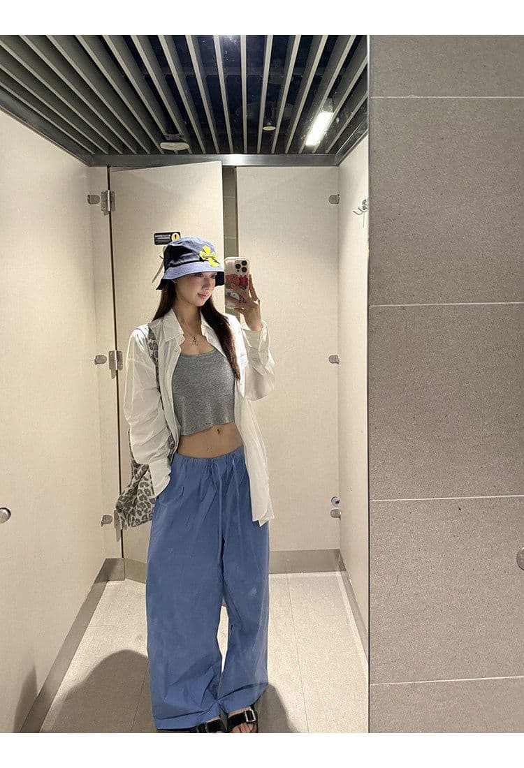 좋은 품질 항저우 목화 패브릭 있음 펌프 로프 톰 글 래 원인 블루 넓은 다리 캐주얼 바지 여성 여름 바닥 청소 바지 긴 바지 상세 이미지 25