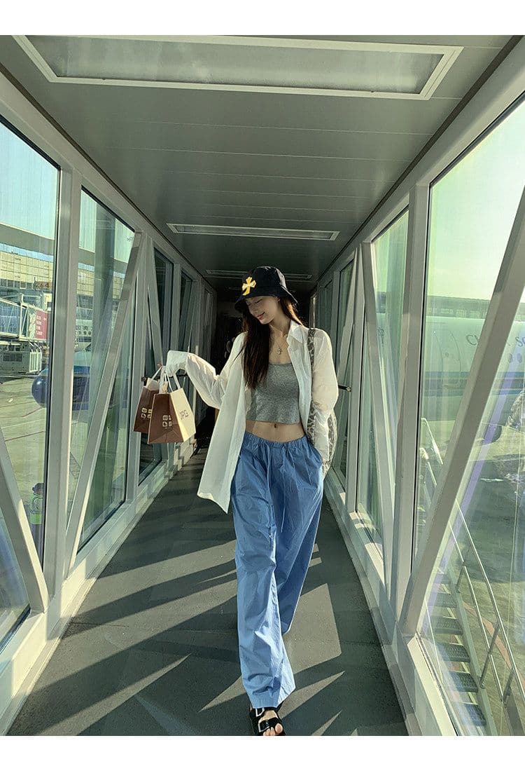 좋은 품질 항저우 목화 패브릭 있음 펌프 로프 톰 글 래 원인 블루 넓은 다리 캐주얼 바지 여성 여름 바닥 청소 바지 긴 바지 상세 이미지 26
