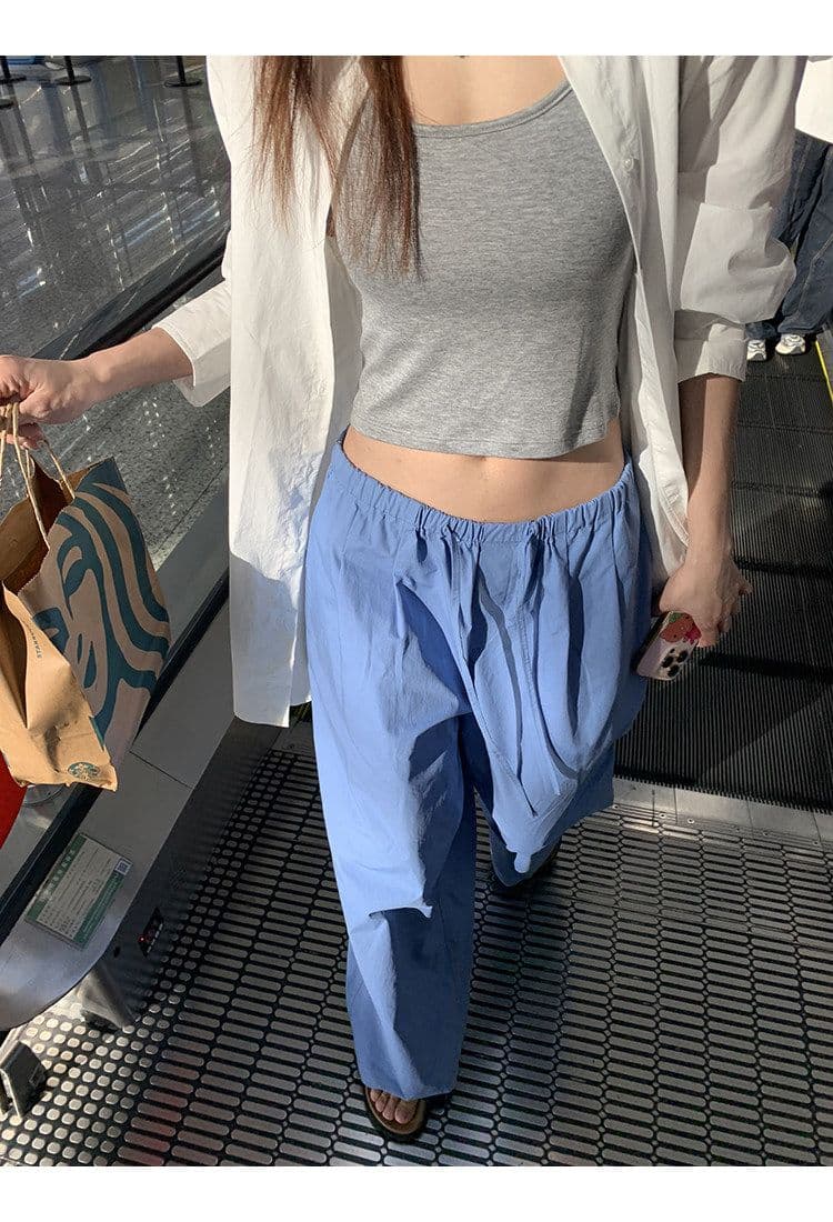 좋은 품질 항저우 목화 패브릭 있음 펌프 로프 톰 글 래 원인 블루 넓은 다리 캐주얼 바지 여성 여름 바닥 청소 바지 긴 바지 상세 이미지 31
