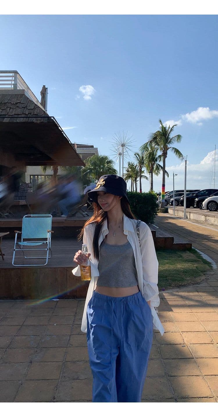 좋은 품질 항저우 목화 패브릭 있음 펌프 로프 톰 글 래 원인 블루 넓은 다리 캐주얼 바지 여성 여름 바닥 청소 바지 긴 바지 상세 이미지 34