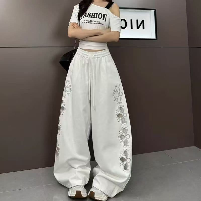 순면 은사 무거운 작업 자수 홀로우 아웃 새로운 캐주얼 바지 할란 모통이 칼 바지 이미지 2