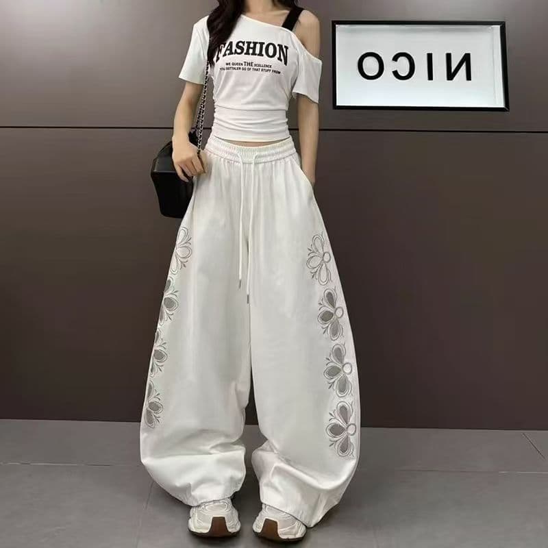 순면 은사 무거운 작업 자수 홀로우 아웃 새로운 캐주얼 바지 할란 모통이 칼 바지 이미지 3