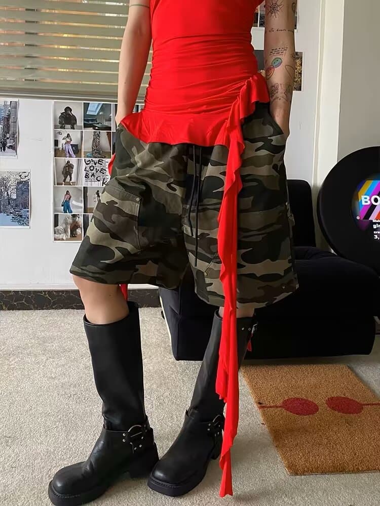 여름 아메리칸 레트로 높음 거리 카모플라주 워크웨어 빅 포켓 반바지 여성 펌프 로프 스트레이트 디자인 센스 오부 바지 트렌디 상세 이미지 5