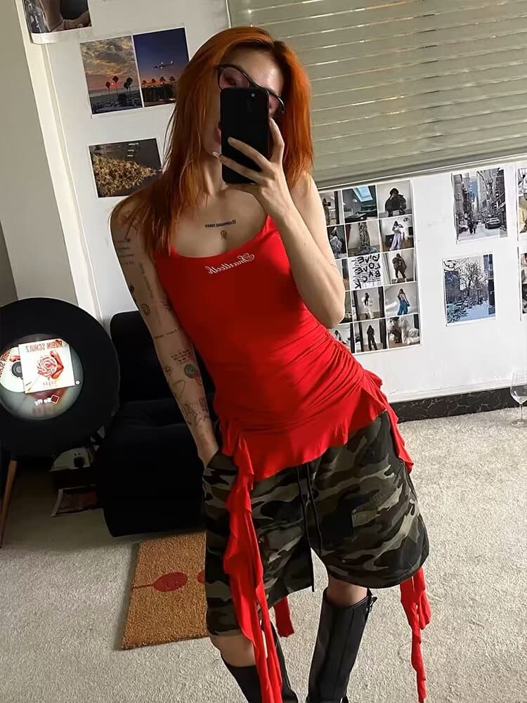 여름 아메리칸 레트로 높음 거리 카모플라주 워크웨어 빅 포켓 반바지 여성 펌프 로프 스트레이트 디자인 센스 오부 바지 트렌디 상세 이미지 6