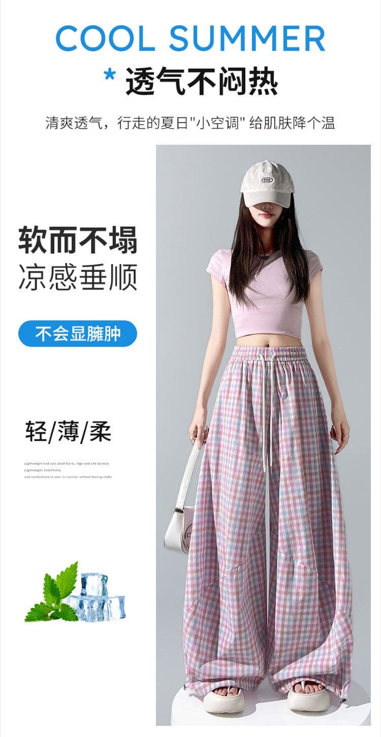 체크무늬 펌프 로프 워크웨어 모통이 칼 와이드 레깅스 바지 여름 새로운 루즈핏 슬림해 보이는 도루 센스 얇은 스타일 캐주얼 바닥 청소 바지 상세 이미지 5