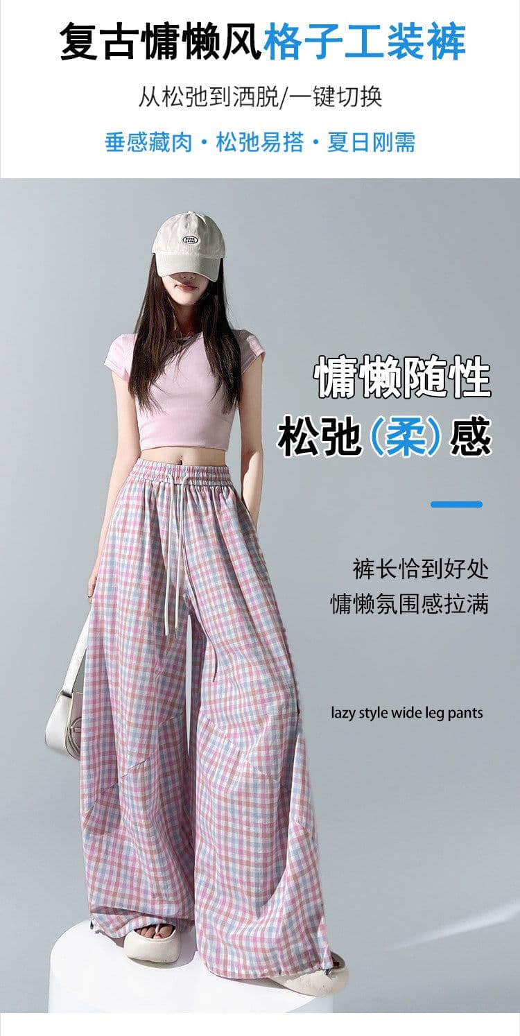 체크무늬 펌프 로프 워크웨어 모통이 칼 와이드 레깅스 바지 여름 새로운 루즈핏 슬림해 보이는 도루 센스 얇은 스타일 캐주얼 바닥 청소 바지 상세 이미지 8