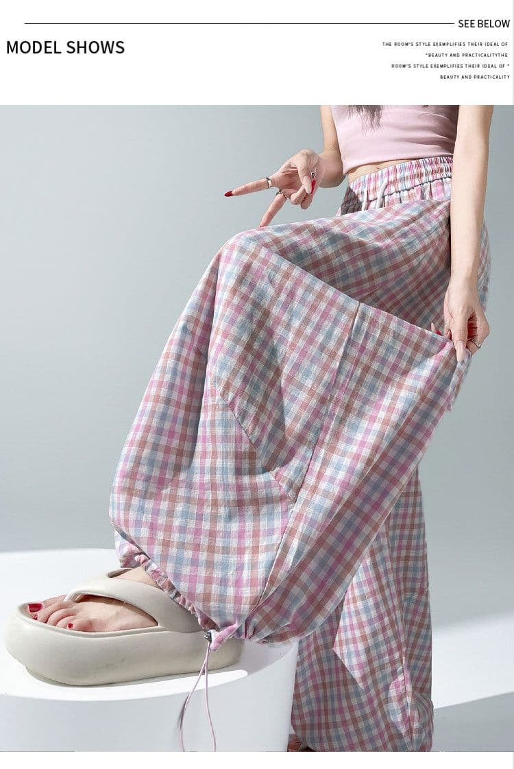 체크무늬 펌프 로프 워크웨어 모통이 칼 와이드 레깅스 바지 여름 새로운 루즈핏 슬림해 보이는 도루 센스 얇은 스타일 캐주얼 바닥 청소 바지 상세 이미지 27