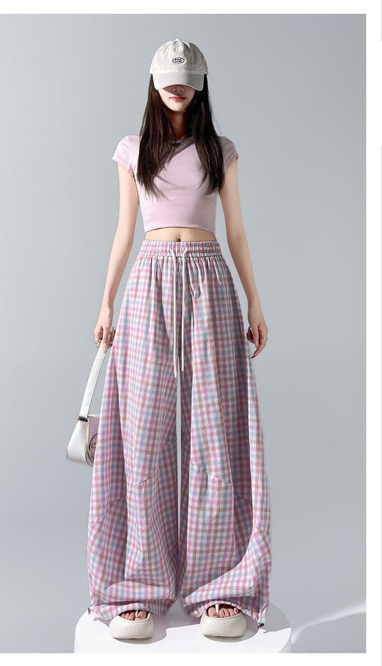 체크무늬 펌프 로프 워크웨어 모통이 칼 와이드 레깅스 바지 여름 새로운 루즈핏 슬림해 보이는 도루 센스 얇은 스타일 캐주얼 바닥 청소 바지 상세 이미지 28