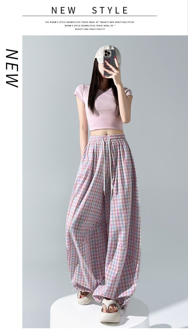 체크무늬 펌프 로프 워크웨어 모통이 칼 와이드 레깅스 바지 여름 새로운 루즈핏 슬림해 보이는 도루 센스 얇은 스타일 캐주얼 바닥 청소 바지 상세 이미지 30