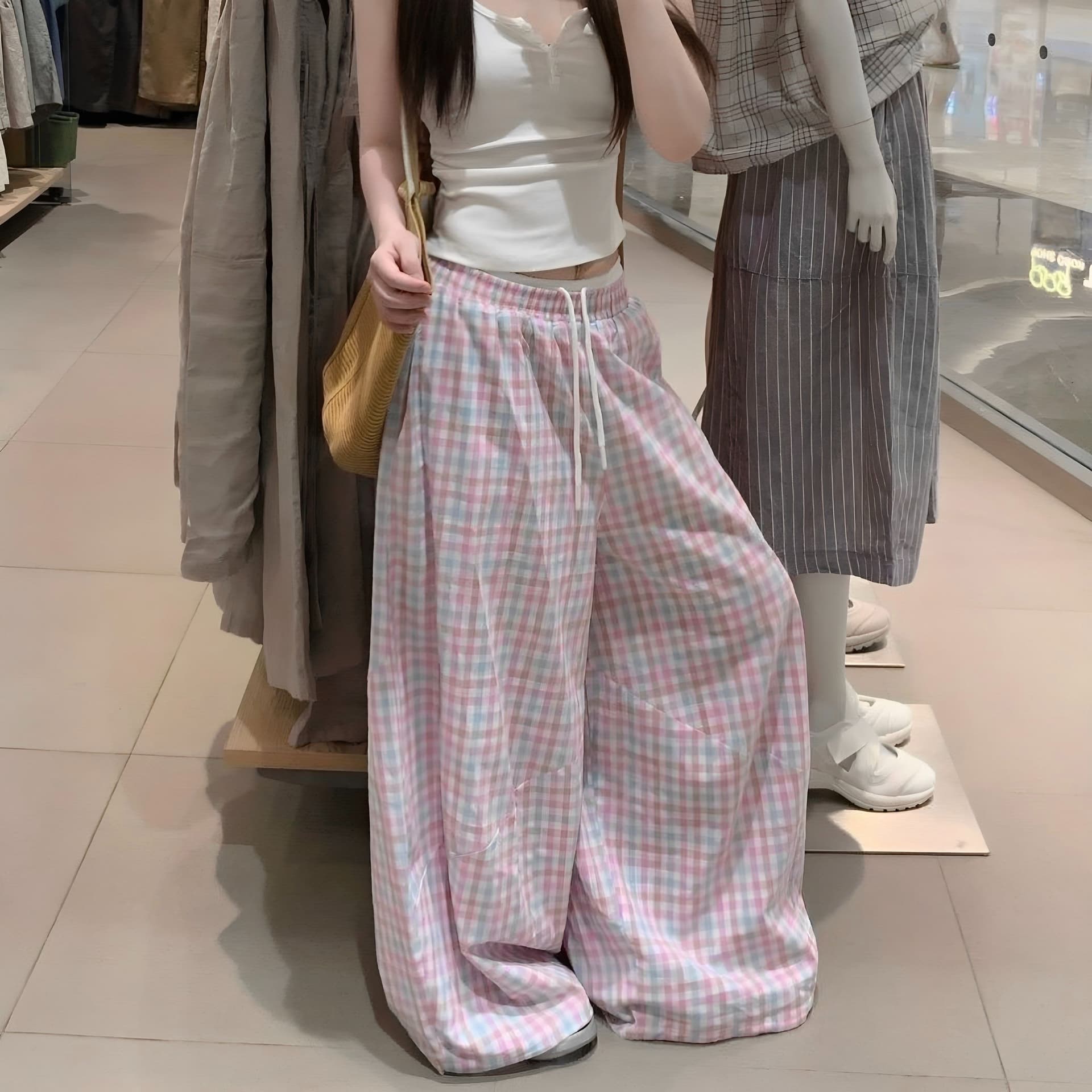 한 부서 배색 체크무늬 와이드 레깅스 바지 여름 통기성 도루 센스 슬림해 보이는 작은 키 캐주얼 가정 나가라. 루즈핏 긴 바지 이미지 5