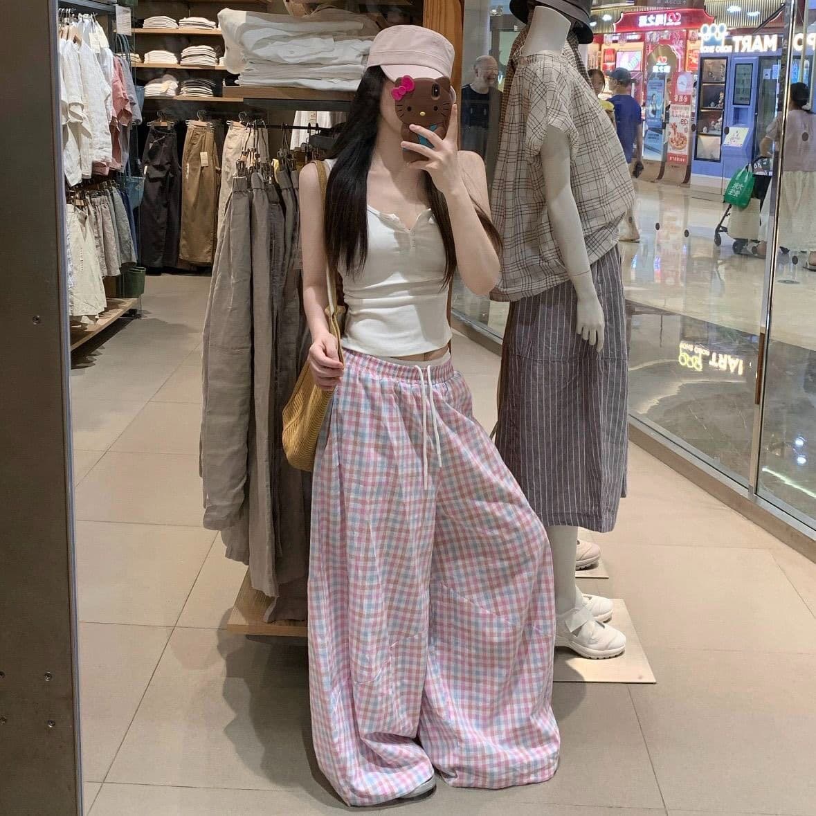 한 부서 배색 체크무늬 와이드 레깅스 바지 여름 통기성 도루 센스 슬림해 보이는 작은 키 캐주얼 가정 나가라. 루즈핏 긴 바지 상세 이미지 4