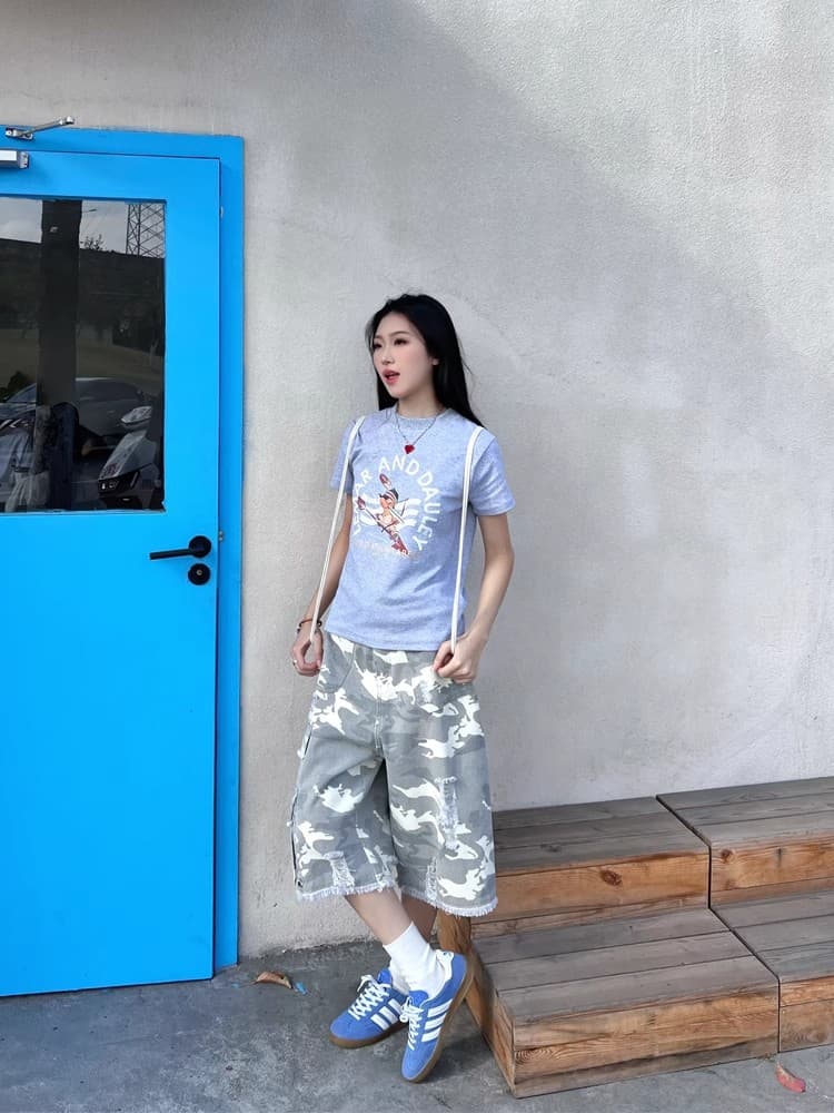 아메리칸 카모플라주 워크웨어 반바지 남자 루즈핏 스트레이트 7부 바지 파괴 센스 거리 레트로 여름 청소년 바지 상세 이미지 5
