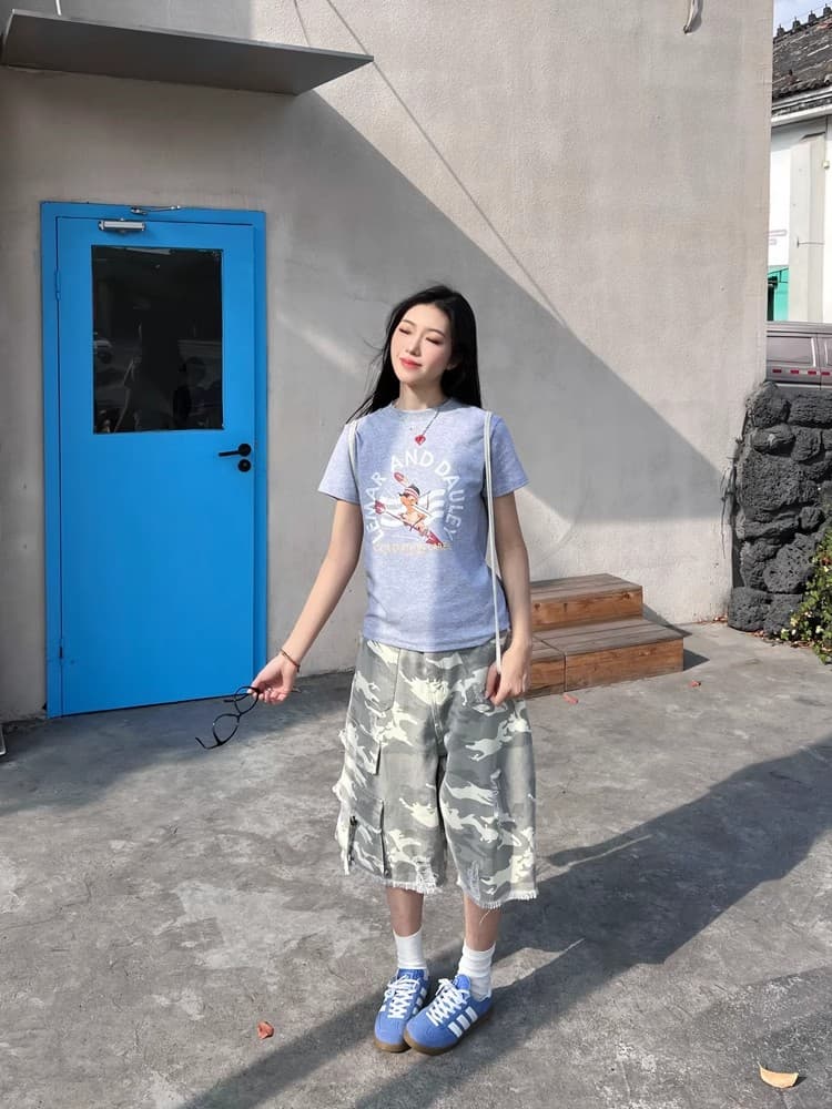 아메리칸 카모플라주 워크웨어 반바지 남자 루즈핏 스트레이트 7부 바지 파괴 센스 거리 레트로 여름 청소년 바지 상세 이미지 8