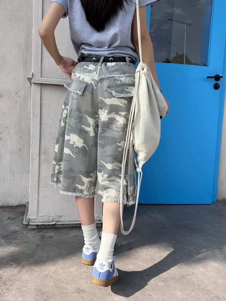 아메리칸 카모플라주 워크웨어 반바지 남자 루즈핏 스트레이트 7부 바지 파괴 센스 거리 레트로 여름 청소년 바지 상세 이미지 9