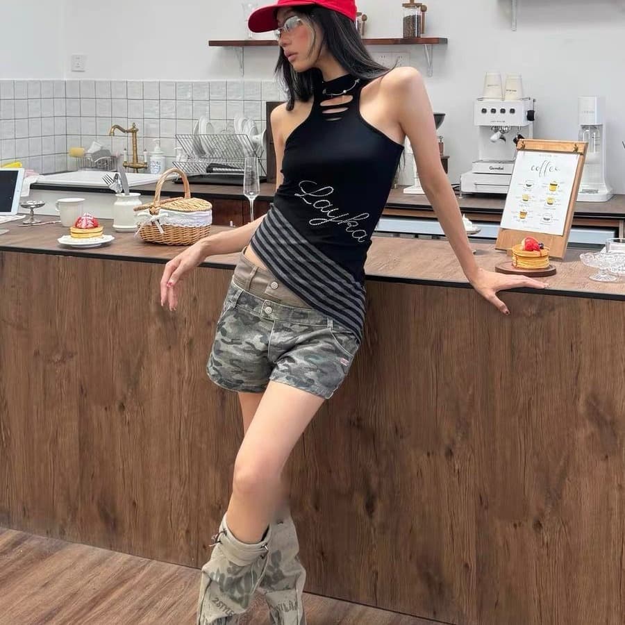 매운맛 ~까지 열사병 아메리칸 레트로 카모플라주 배색 더블 허리 머리 반바지 중 로우 웨이스트 슬림해 보이는 패션 다용도 핫 바지 이미지 5