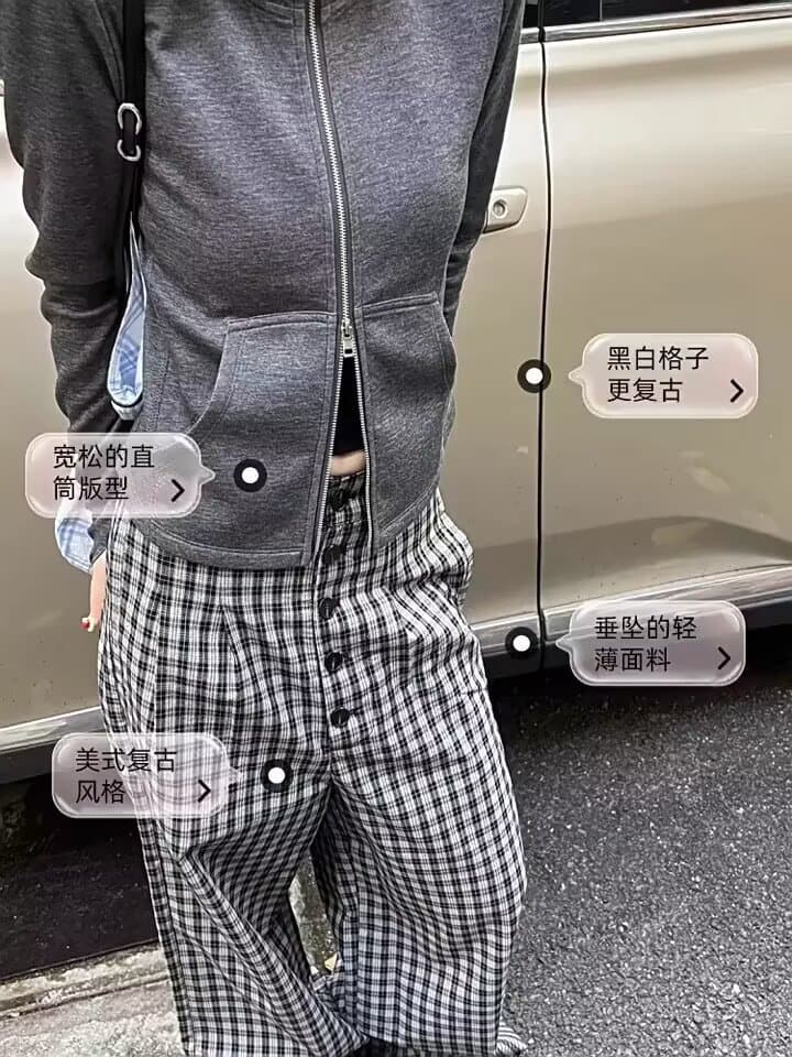 여름 2026 새로운 도루 센스 남녀 다용도 루즈핏 스트레이트 단추 체크무늬 캐주얼 바지 긴 바지 다용도 와이드 레그 팬츠 상세 이미지 7