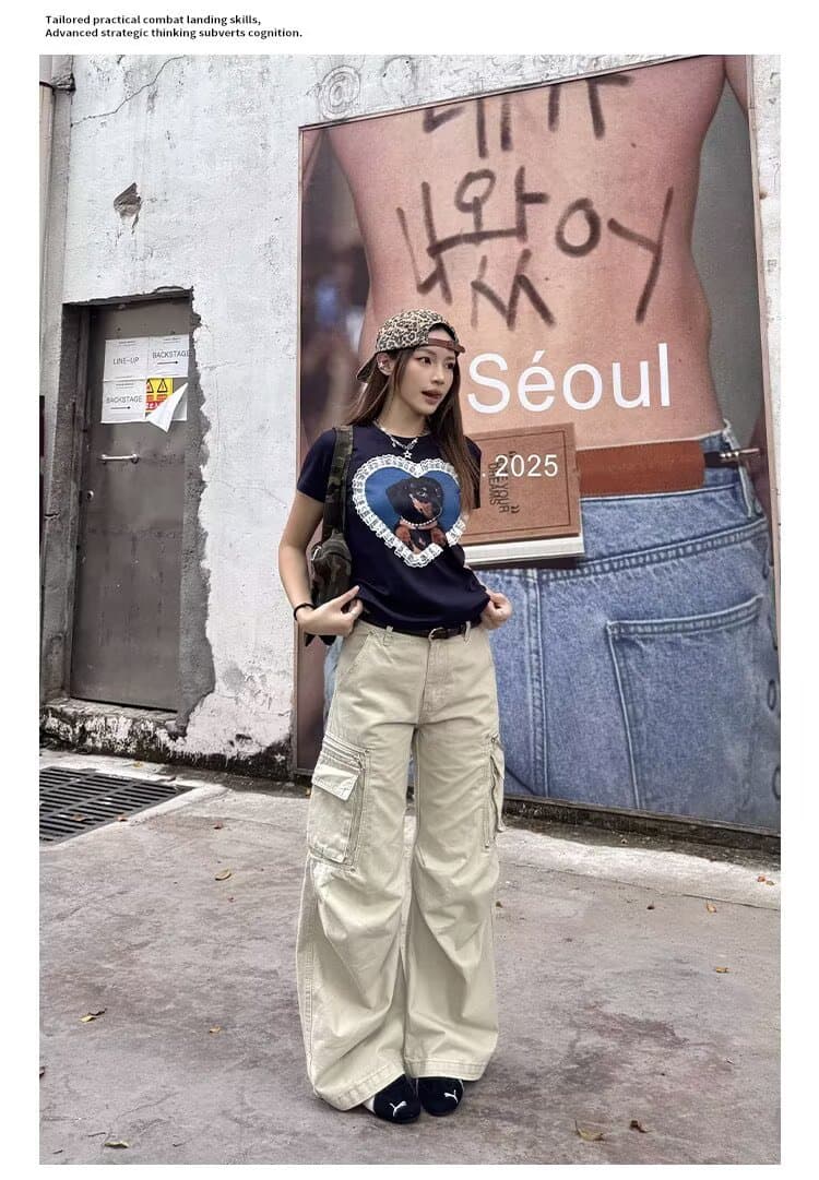 아메리칸 레트로 주름 마 오래된 기타 주머니 워크웨어 팬츠 남녀 루즈핏 넓은 다리 스트레이트 캐주얼 바지 상세 이미지 10