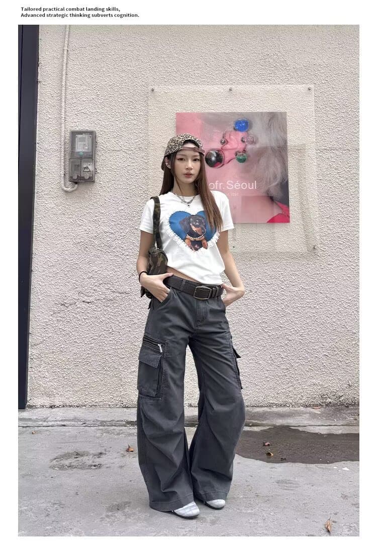 아메리칸 레트로 주름 마 오래된 기타 주머니 워크웨어 팬츠 남녀 루즈핏 넓은 다리 스트레이트 캐주얼 바지 상세 이미지 21
