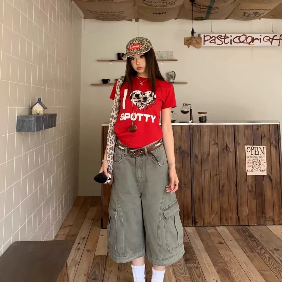 아메리칸 레트로 기타 주머니 7부 바지 남녀 여름 루즈핏 캐주얼 넓은 다리 워크웨어 팬츠 데님 반바지 트렌디 이미지 2