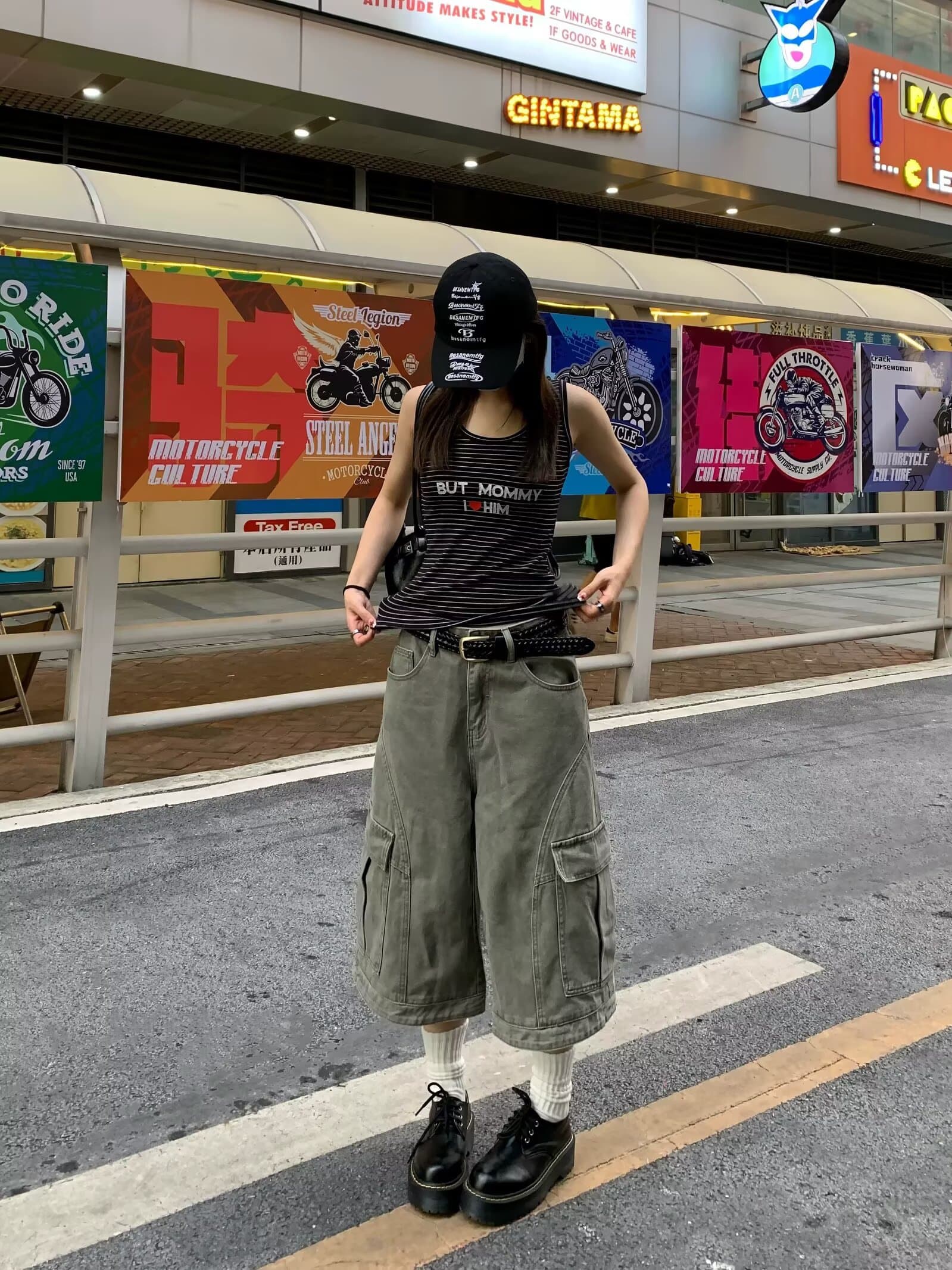 아메리칸 레트로 기타 주머니 7부 바지 남녀 여름 루즈핏 캐주얼 넓은 다리 워크웨어 팬츠 데님 반바지 트렌디 상세 이미지 11