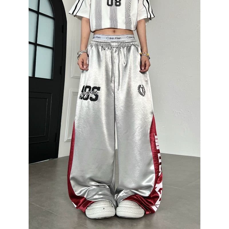 s-2xl 원본 높음 그램 무거운 색상 딩 천 원단 패치워크 배색 밝은 얼굴 알파벳 프린트 웨이 바지