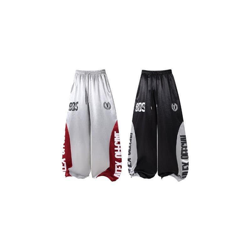 s-2xl 원본 높음 그램 무거운 색상 딩 천 원단 패치워크 배색 밝은 얼굴 알파벳 프린트 웨이 바지 이미지 5