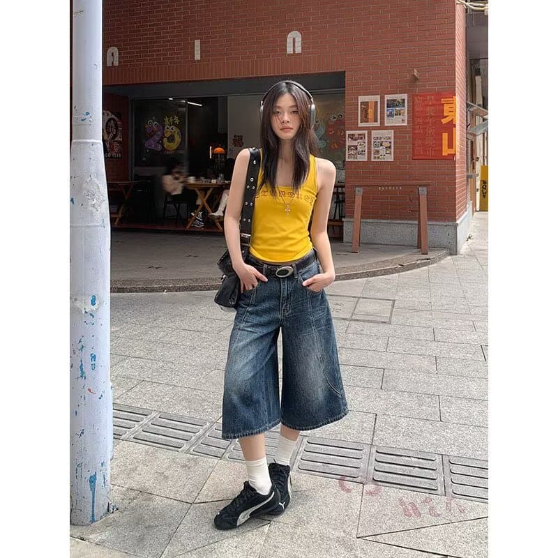 아메리칸 레트로 블랙 회색 데님 바지 여성 여름 새로운 하이웨이스트 작은 키 스트레이트 와이드 레그 팬츠 7 점 바지 이미지 4