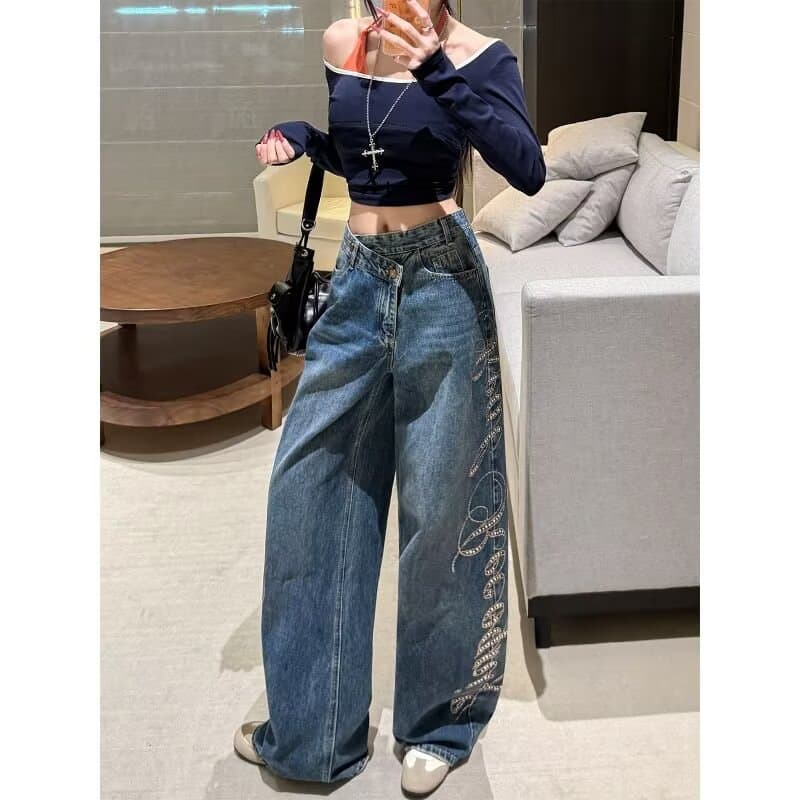 현 차가운 측면 핫픽스 디자인 캐주얼 청바지 여성 봄 새로운 하이웨이스트 루즈핏 슬림해 보이는 다용도 스트레이트 와이드 레그 팬츠 상세 이미지 5
