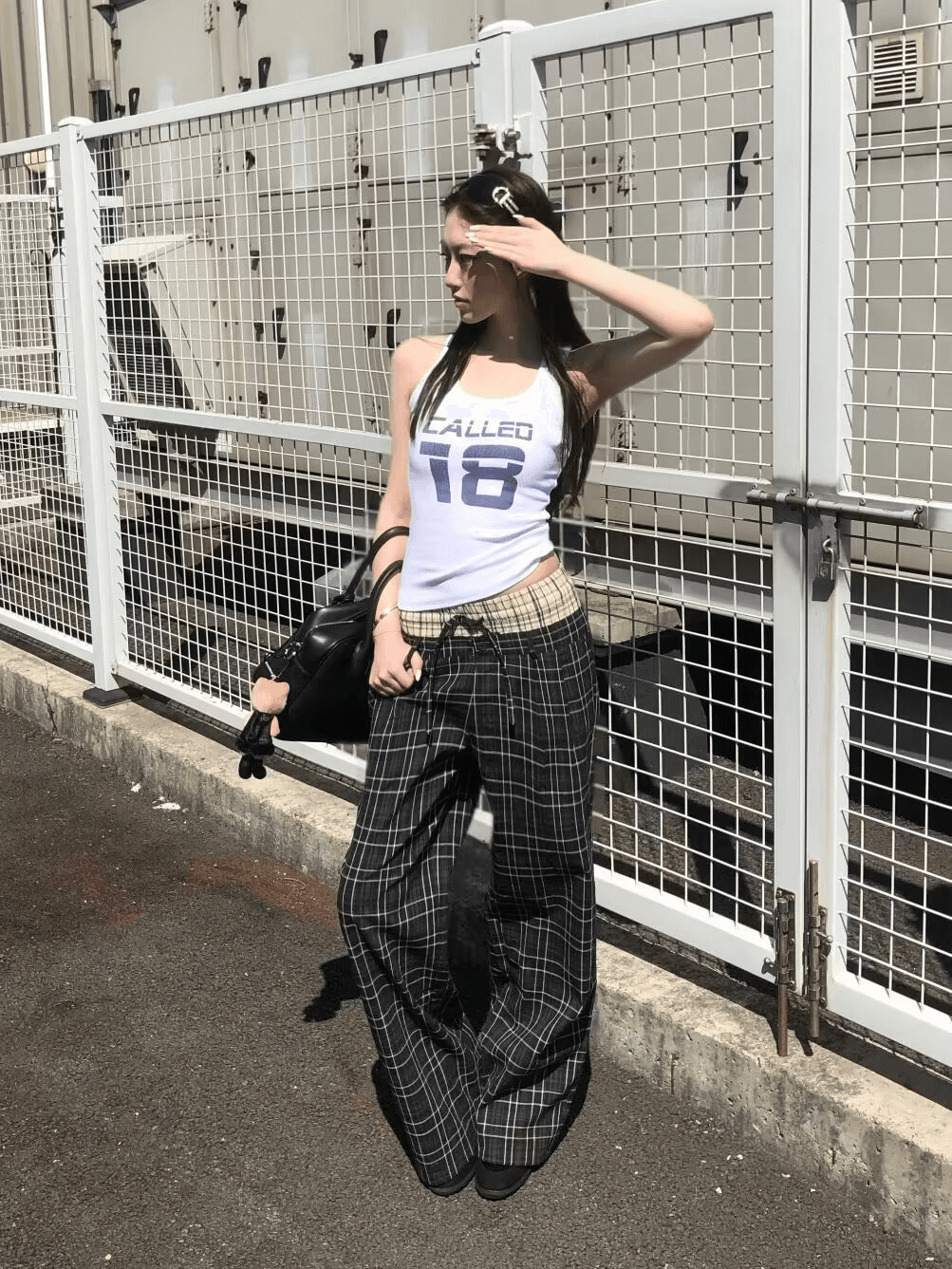 아메리칸 레트로 느긋한 넓은 다리 한 마디 체크무늬 캐주얼 바지 더블 허리 머리 여름 얇고 가벼운 통기성 스트레이트 긴 바지 상세 이미지 5