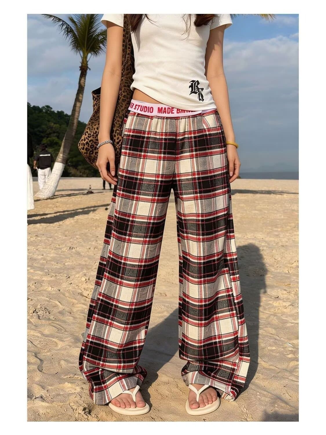 키 큰 남자 길이 연장 아메리칸 레트로 빨간색 체크무늬 와이드 레깅스 바지 봄 가을 루즈핏 느긋한 도루 센스 바닥 청소 캐주얼 바지 상세 이미지 10