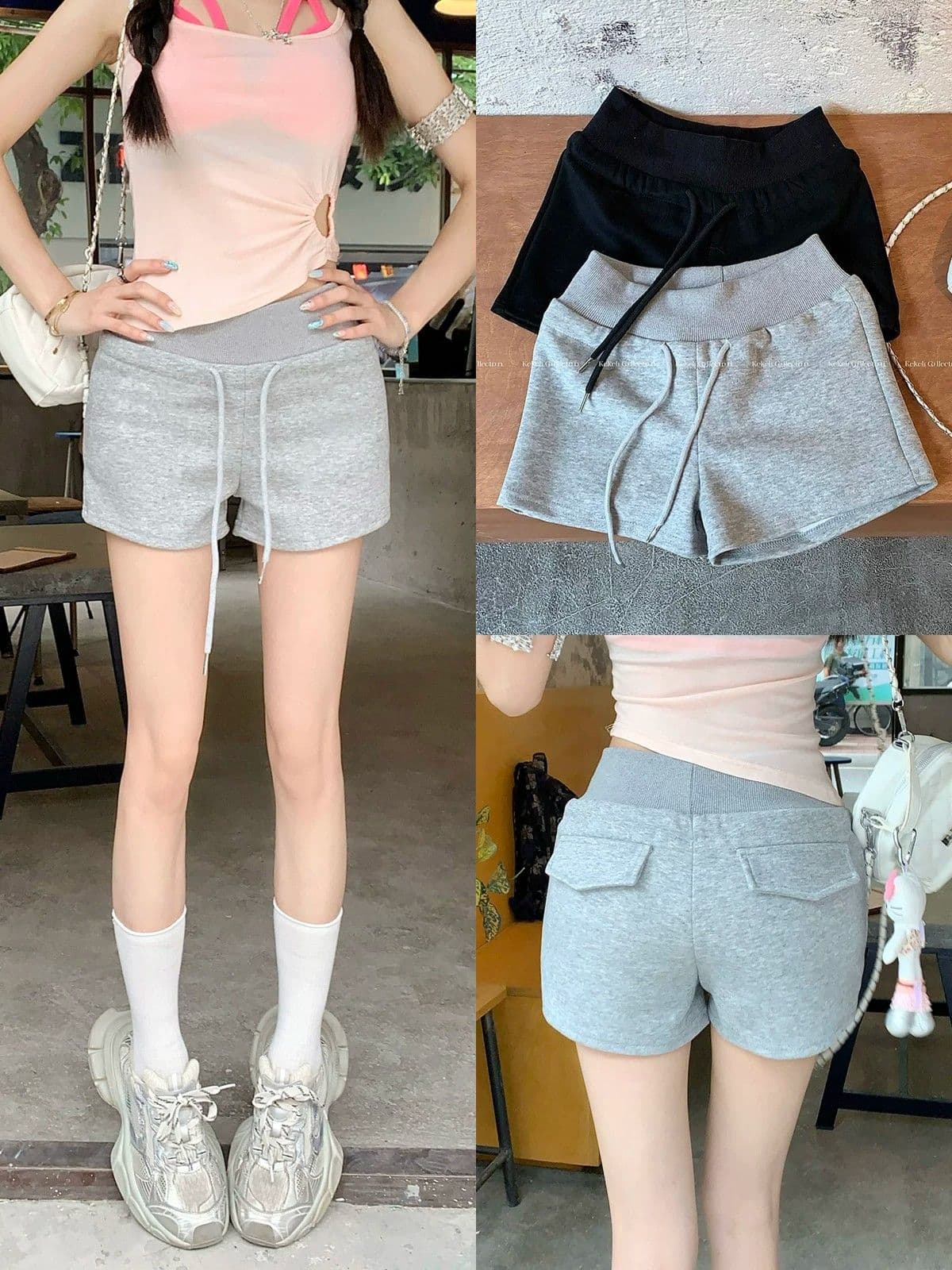 허리밴드 펌프 로프 슬림해 보이는 핫 바지 여름 새로운 캐주얼 바지 하이웨이스트 주머니 반바지 여성 트렌디