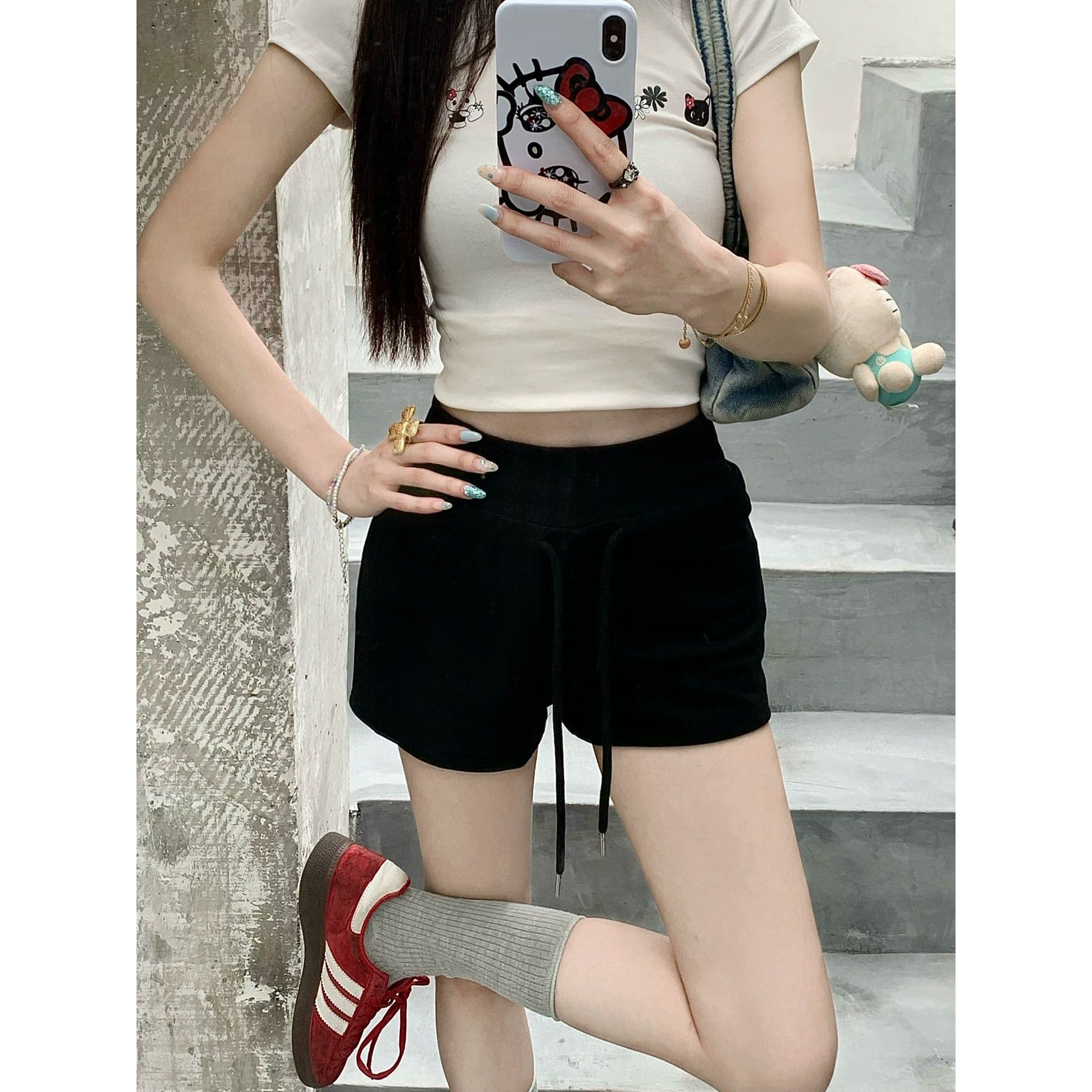 허리밴드 펌프 로프 슬림해 보이는 핫 바지 여름 새로운 캐주얼 바지 하이웨이스트 주머니 반바지 여성 트렌디 이미지 5